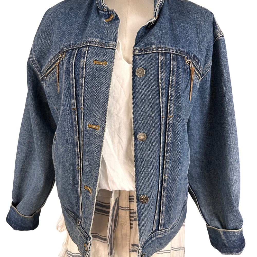 Lauren Jeans Co Ralph Lauren Denim Jacket L Blue Good Bird Patch Zipper Pockets - Picture 4 of 16